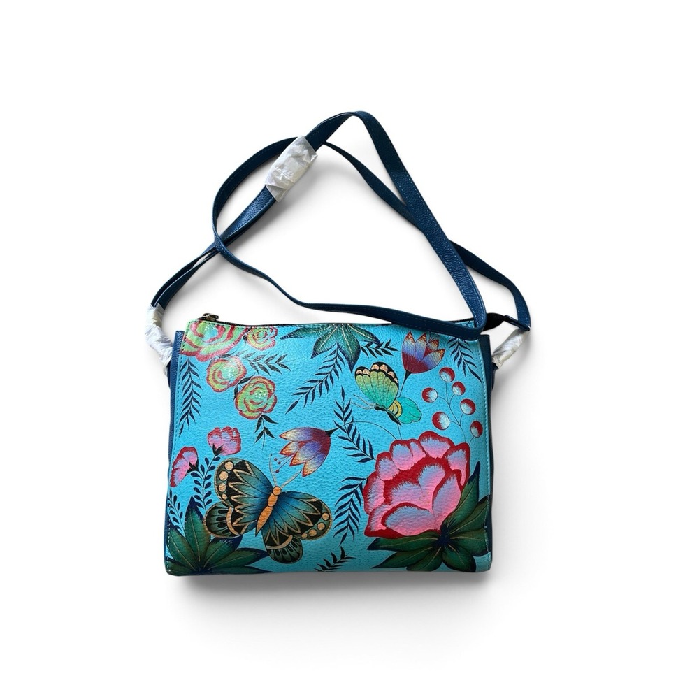 Anuschka Slim Crossbody Leather Handbag Garden Denim Butterfly Hand Painted NWT